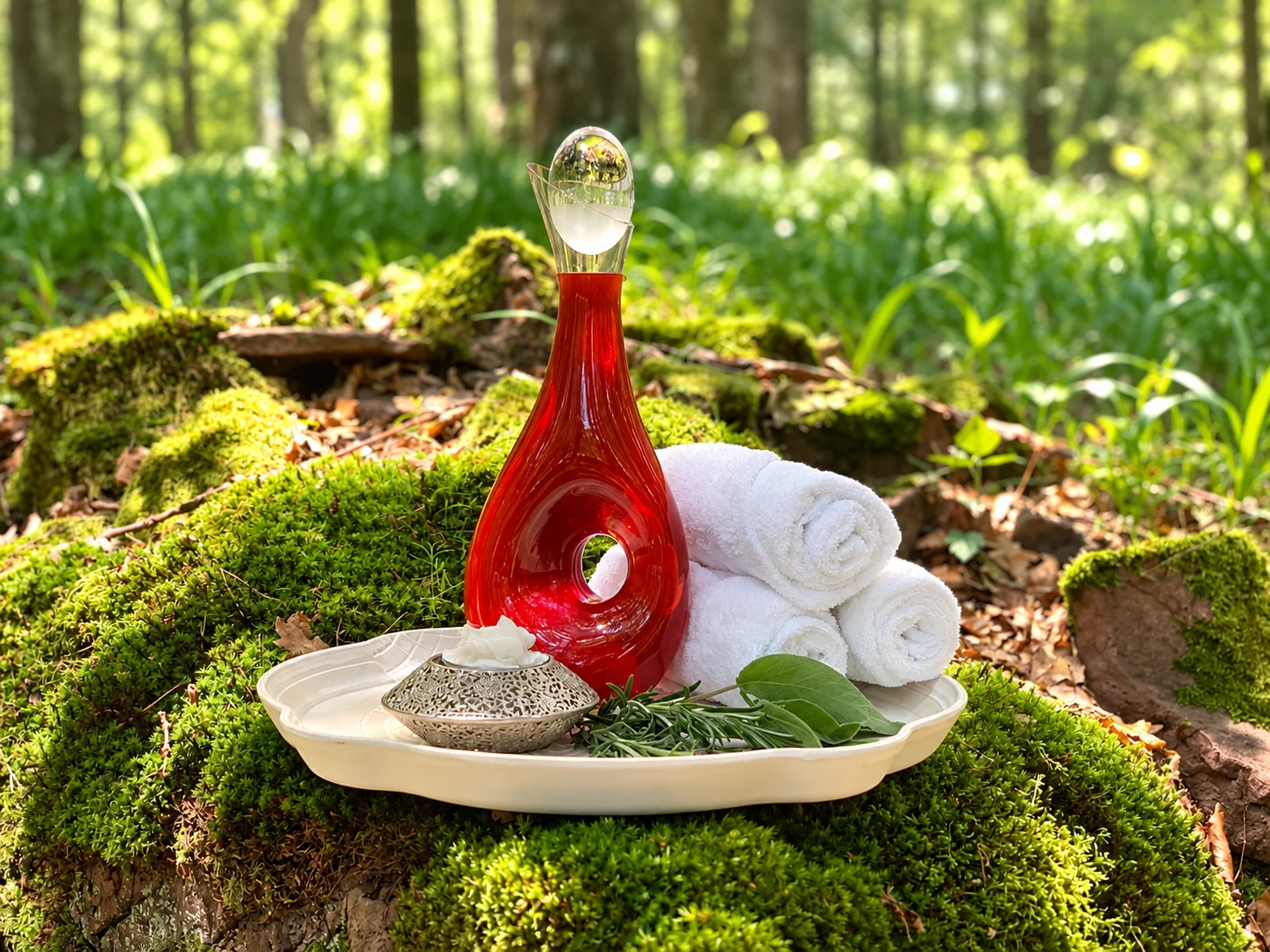 Naturheilkundliches Praxisdetail mit Kräutern, Handtüchern und Glasgefäß im Wald