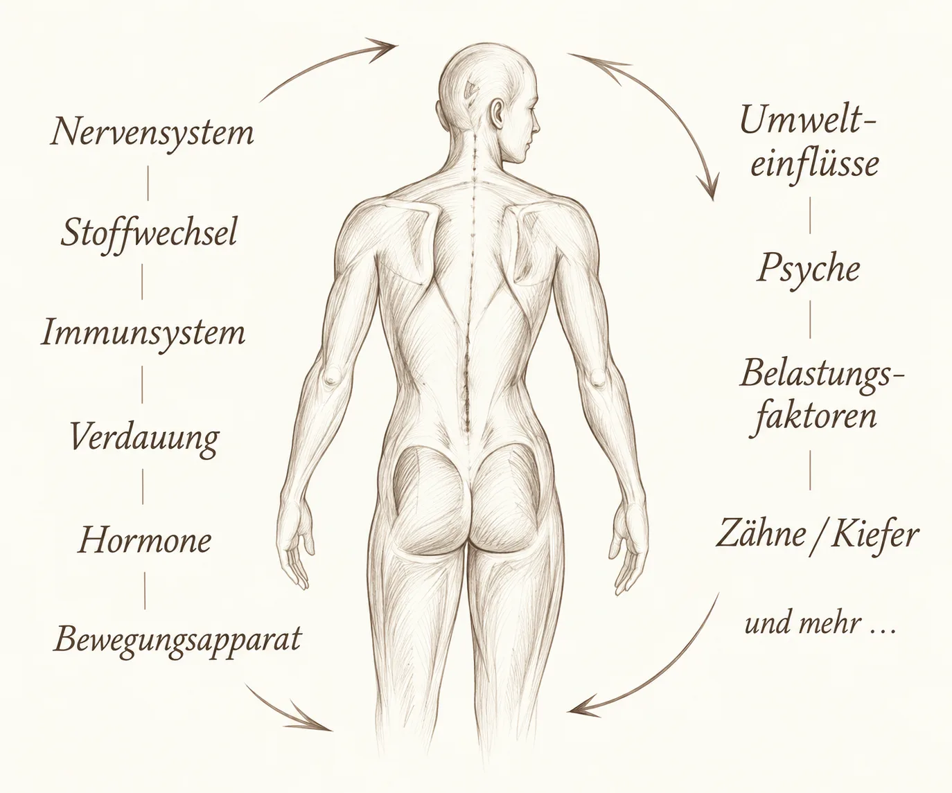 Illustration eines Menschen mit verschiedenen möglichen Betrachtungsbereichen wie Nervensystem, Stoffwechsel, Immunsystem, Verdauung, Hormone, Bewegungsapparat, Psyche und Zähne/Kiefer.