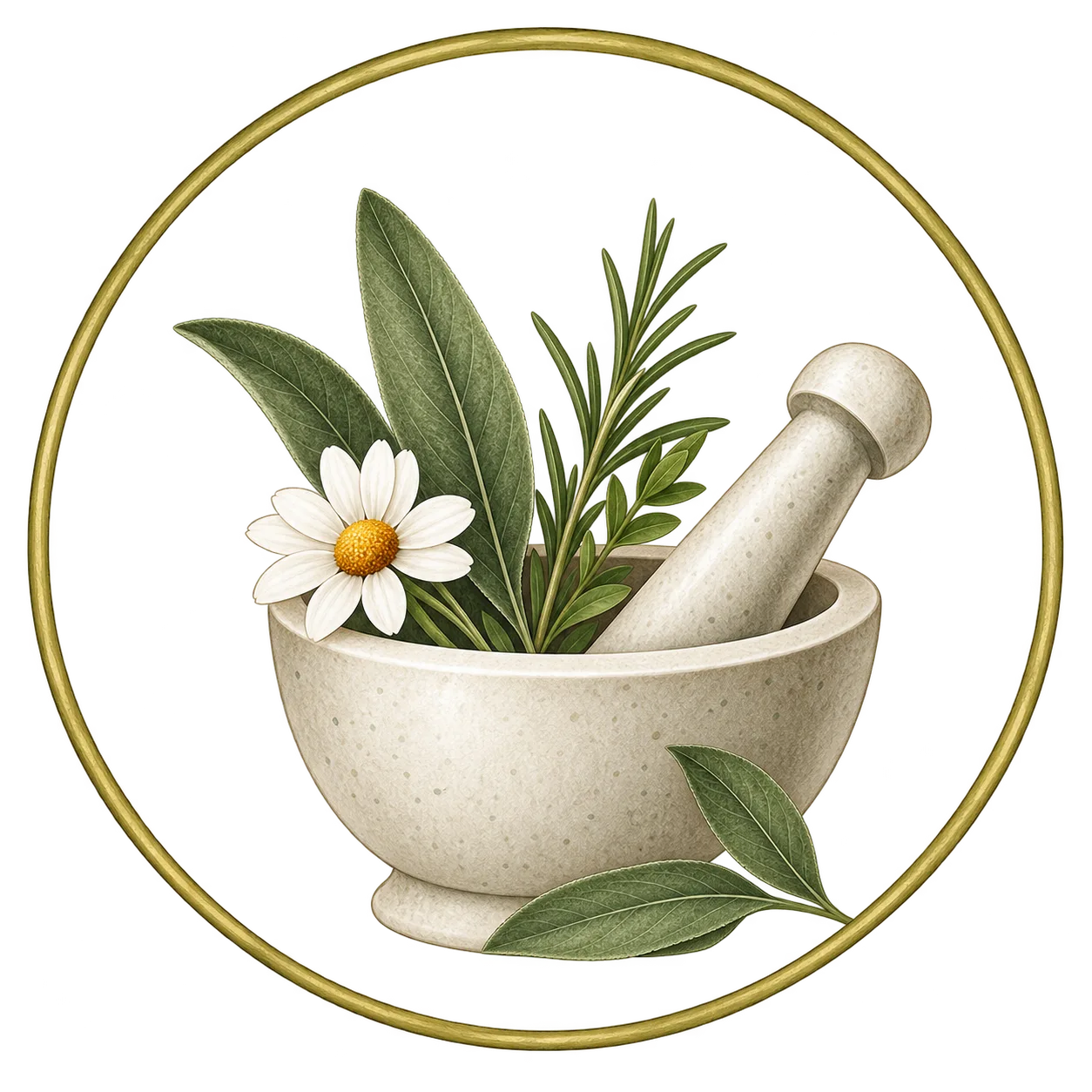 Mörser mit Heilpflanzen als Symbol für Pflanzen und Stärkung